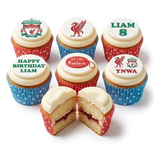 Liverpool FC themed cupcakes with club crests, Liver bird, YNWA, and customisable birthday messages.