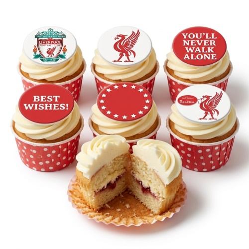 Six Liverpool FC themed cupcakes with red and white toppers, including the club crest and Liver bird.
