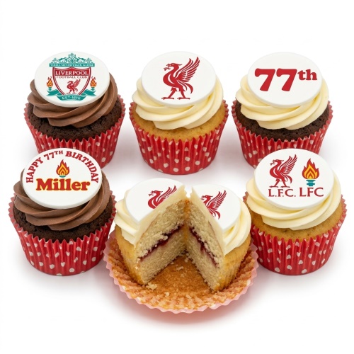 Six Liverpool FC themed cupcakes with red and white toppers, some showing the club crest and Liver bird, one with a custom age and name, on a white background.