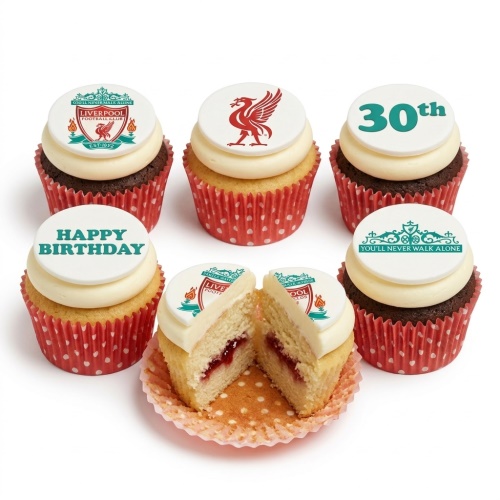 A set of six Liverpool FC themed birthday cupcakes with white frosting and edible toppers, including club crests, Liver bird, "Happy Birthday", "30th", and "You'll Never Walk Alone" slogans, in red polka dot wrappers.