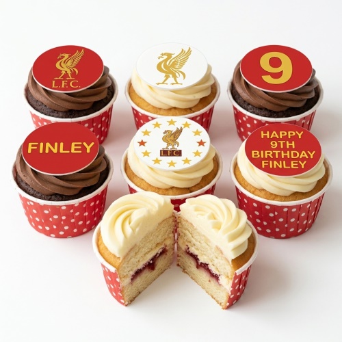 Red and white Liverpool FC themed cupcakes with custom age and name toppers, some chocolate, some vanilla with jam.