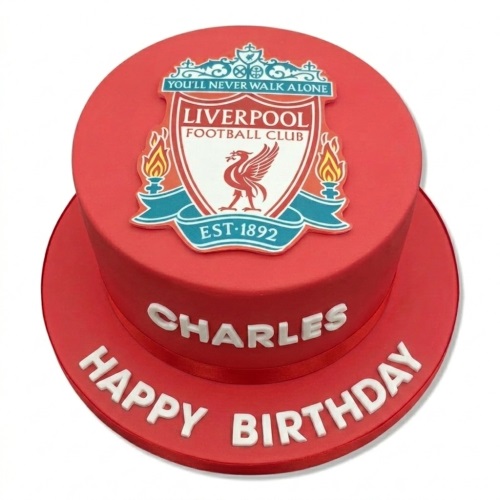 Red two-tier Liverpool Football Club birthday cake with edible logo and custom message.