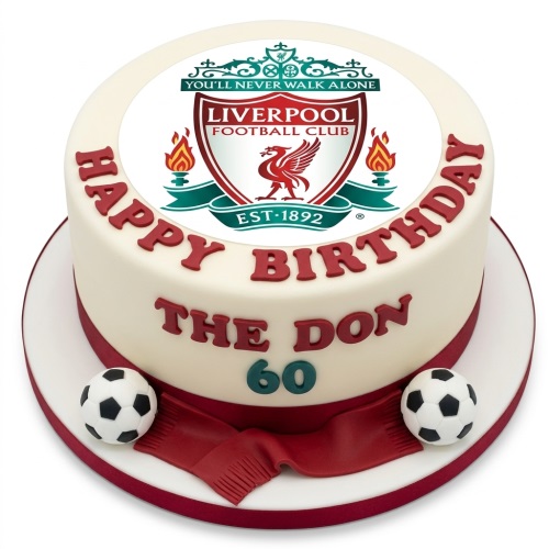 Round white birthday cake with Liverpool FC logo, red "Happy Birthday" text, custom name and age, footballs, and a red scarf.