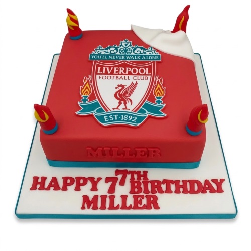 Red square Liverpool FC themed birthday cake with club crest and custom message board.