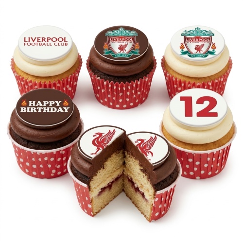 Liverpool FC themed birthday cupcakes with club crests, 'Happy Birthday' message, and a custom age topper.
