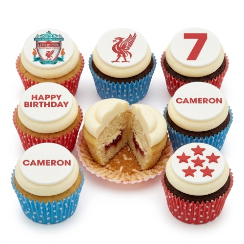 Liverpool FC themed cupcakes with custom age, name, and Happy Birthday toppers