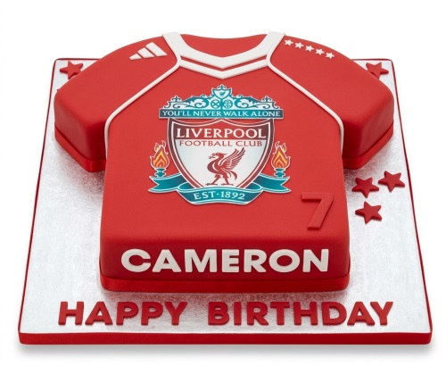 Red Liverpool Football Club jersey birthday cake with white trim, club crest, and customisable name and number on a silver board with red stars.