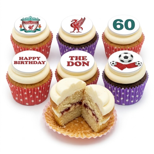 Set of Liverpool FC themed football birthday cupcakes with custom age and name toppers.