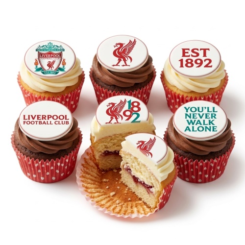A selection of Liverpool Football Club themed cupcakes with red and white LFC crests, Liver birds, and slogans on edible toppers.