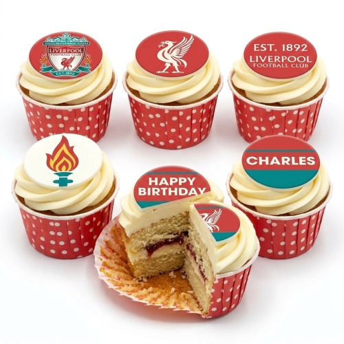 Cupcakes with white frosting and red polka dot cases, topped with various red Liverpool FC logos and birthday messages.