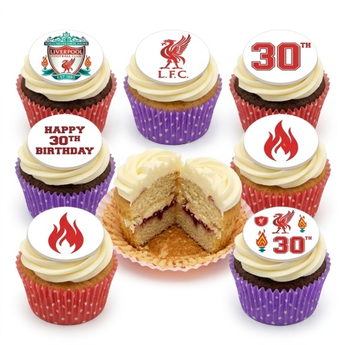 Liverpool FC themed birthday cupcakes with club crests, Liver bird, flame designs, and an example 30th age topper.