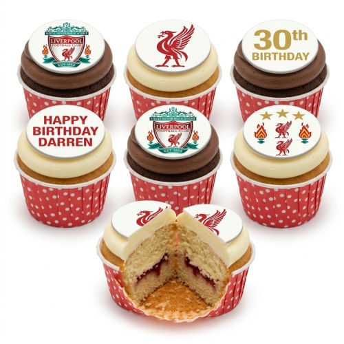 Liverpool Football Club themed cupcakes with custom age and personalised message toppers