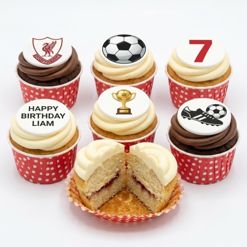 Football themed birthday cupcakes with Liverpool FC logo, footballs, trophy, boot, and custom age topper.