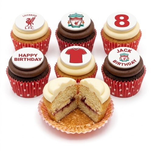 A selection of Liverpool FC themed cupcakes with club crests, Liverbird, football shirt, 'Happy Birthday' message, and a custom age topper.