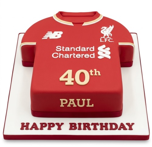 Red Liverpool FC football jersey cake with custom age and name.