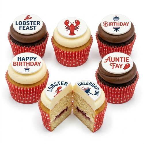 Six cupcakes with lobster and BBQ grill toppers, some with 'Happy Birthday' and 'Lobster Feast' text.
