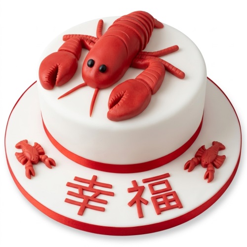 White round cake with a large red lobster on top and smaller lobsters on the board, with red Chinese characters.