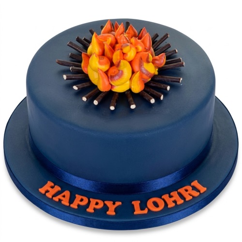 Round dark blue Lohri cake with an edible orange and yellow bonfire decoration and "Happy Lohri" message.