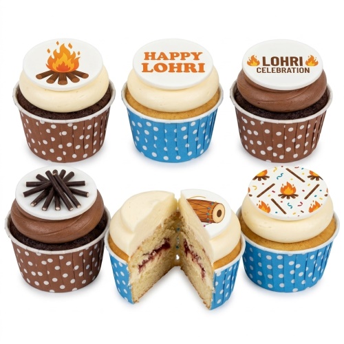 Lohri celebration cupcakes with bonfire, dhol drum, and "Happy Lohri" edible toppers on vanilla and chocolate frosted cupcakes.