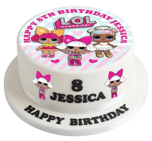 Round white LOL Surprise birthday cake with doll topper and custom age.