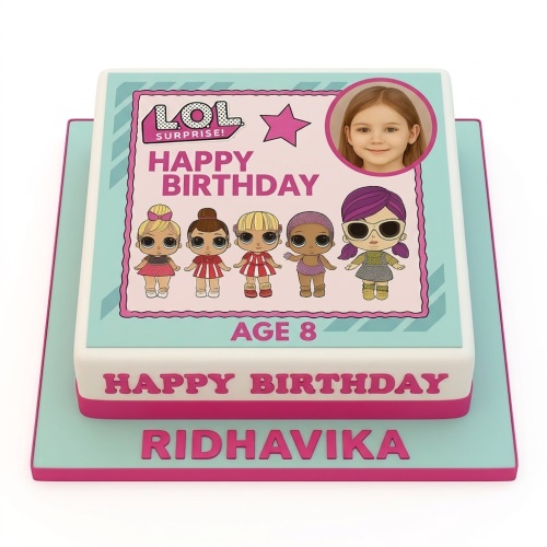 Square LOL Surprise birthday cake with dolls, custom photo, and age topper.