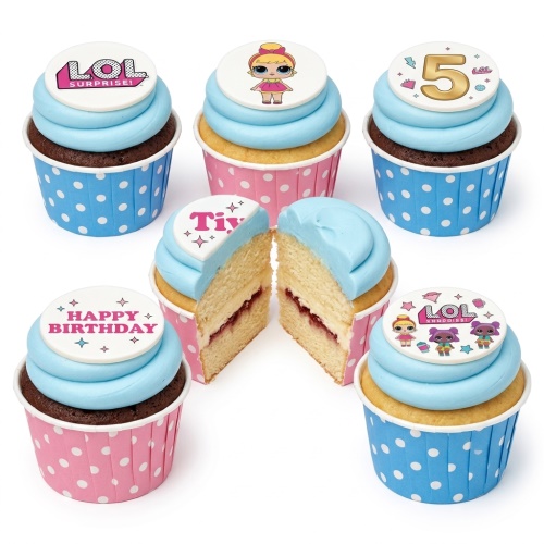 LOL Surprise themed cupcakes with blue frosting, character toppers, and custom age and birthday messages.