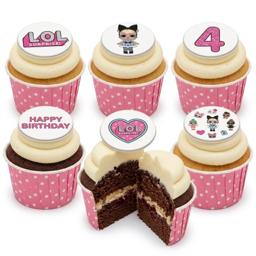 LOL Surprise themed cupcakes with doll and logo toppers, pink polka dot wrappers, and a glittery number 4 topper.
