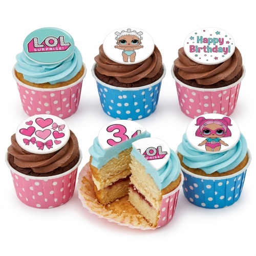 Six LOL Surprise themed cupcakes with pink and blue frosting, featuring doll and logo toppers, and a 'Happy Birthday' message.