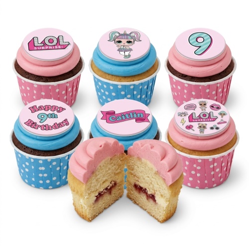 LOL Surprise themed cupcakes with pink and blue frosting, featuring doll and logo toppers, and custom age/name options.