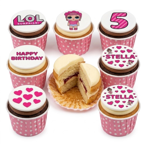 LOL Surprise! themed birthday cupcakes in pink polka dot cases with custom age and doll toppers.