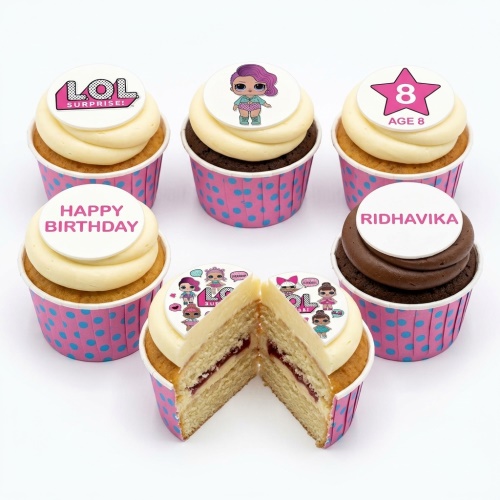 A set of LOL Surprise themed birthday cupcakes with various doll toppers, a custom age topper, and a personalised name topper.