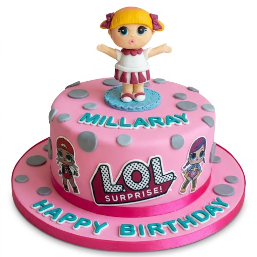 Pink LOL Surprise birthday cake with a 3D doll topper and character prints.
