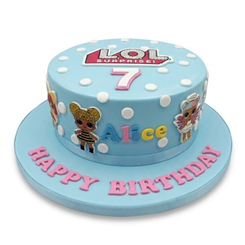 Round blue LOL Surprise birthday cake with white polka dots, LOL Surprise logo, doll cutouts, custom age topper, and personalised name.