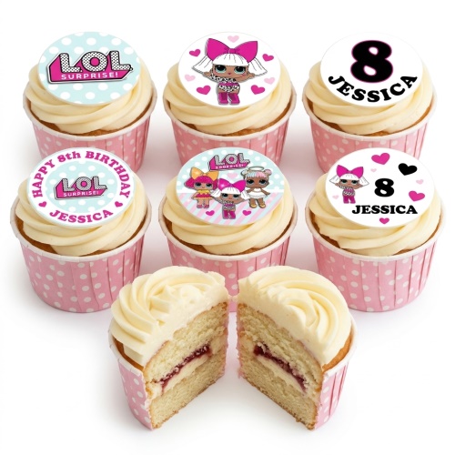 LOL Surprise! themed cupcakes with pink and white polka dot cases, topped with doll designs and custom age.