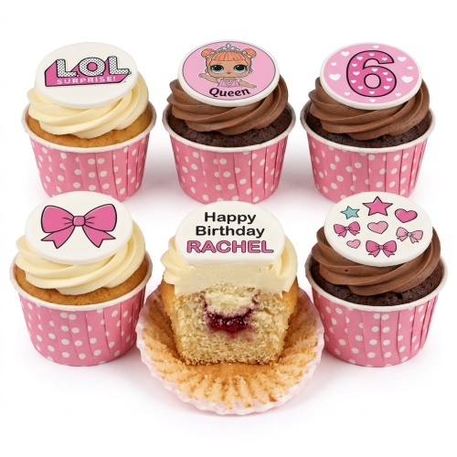 Set of six LOL Surprise themed cupcakes with pink and white frosting, featuring doll toppers, bows, stars, hearts, and a custom age number.