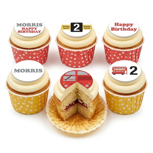 Six cupcakes with white frosting and edible toppers featuring a red London bus, a custom age number, and personalised birthday messages.