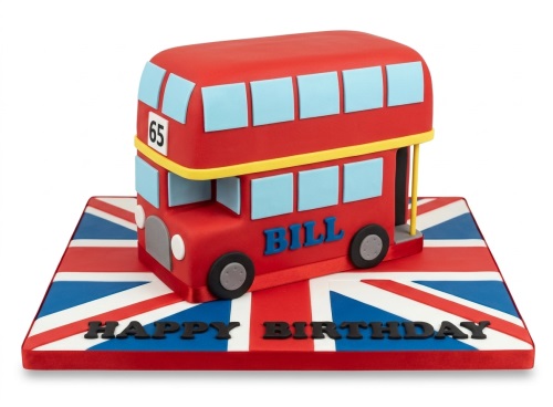 Red London double-decker bus birthday cake on a Union Jack board with custom age and personalised message.