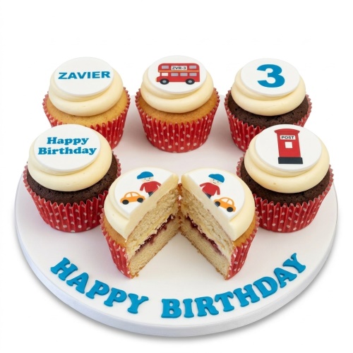 London theme birthday cupcakes with red bus, post box, boy and car toppers, and custom age and name options.