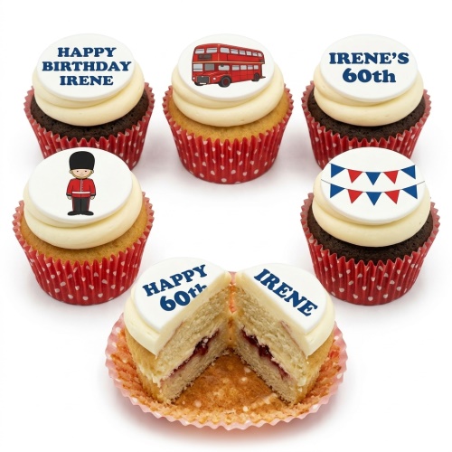 Cupcakes with London themed toppers: red bus, Queen's Guard, bunting, and custom age/name.