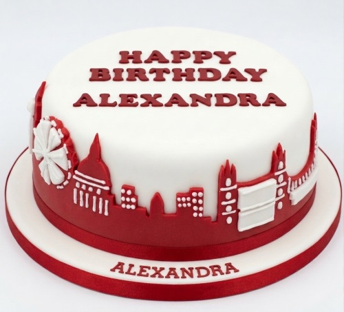 White round cake with red London skyline silhouette and 'Happy Birthday' message.