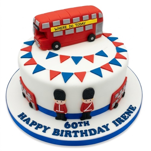 Two-tier white birthday cake with red London bus, Queen's Guards, and red and blue bunting.
