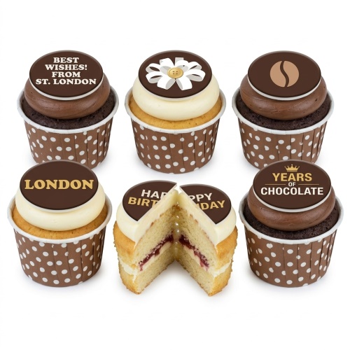 Selection of chocolate and vanilla cupcakes with chocolate and white frosting, topped with edible discs featuring various custom messages and designs.