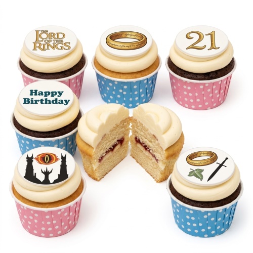 Lord of the Rings themed cupcakes with logo, One Ring, Eye of Sauron, sword, leaf, Happy Birthday, and custom age toppers.
