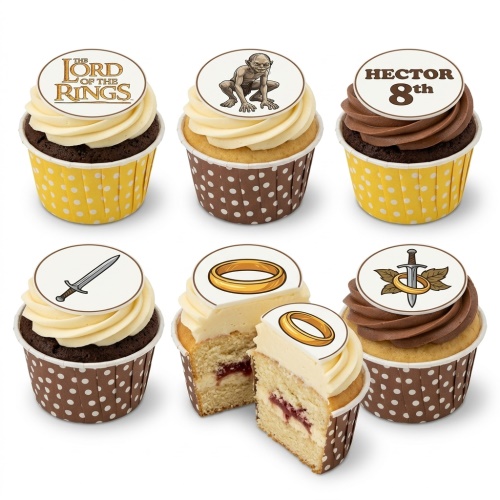 Lord of the Rings themed cupcakes with logo, Gollum, sword, and ring toppers on swirled frosting.