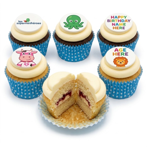 Assorted kids birthday cupcakes with animal and custom age/name toppers in blue cases.