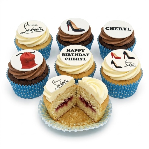 Christian Louboutin themed cupcakes with high heel and logo toppers, with custom message available.