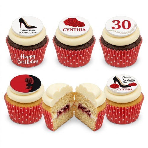 Chocolate and vanilla cupcakes with cream frosting, topped with designer high heel shoes, red roses, and a custom age topper.