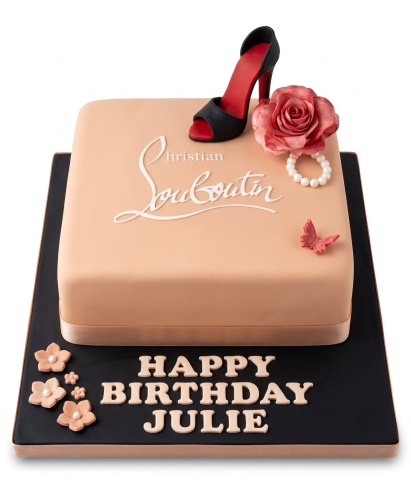 Square nude fondant cake with a black and red high heel Louboutin Shoes, pink rose, pearls, and butterfly.