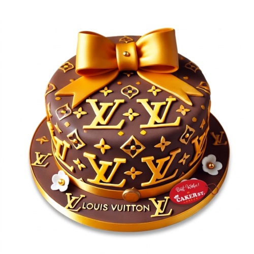 Round brown cake with gold Louis Vuitton logos, a large gold bow, and small white flowers.