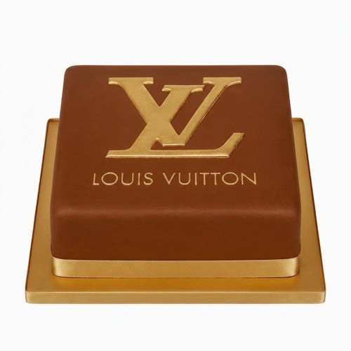 Square brown cake with gold Louis Vuitton logo and text, gold ribbon on a gold board.